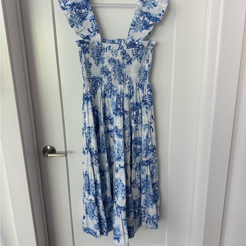 crown & ivy Blue and White Toile Ruffle Strap Midi Dress